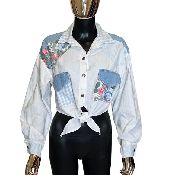 Vintage White YOU Babes Cropped Patchwork Button Front Shirt Medium USA Made - Picture 2 of 10